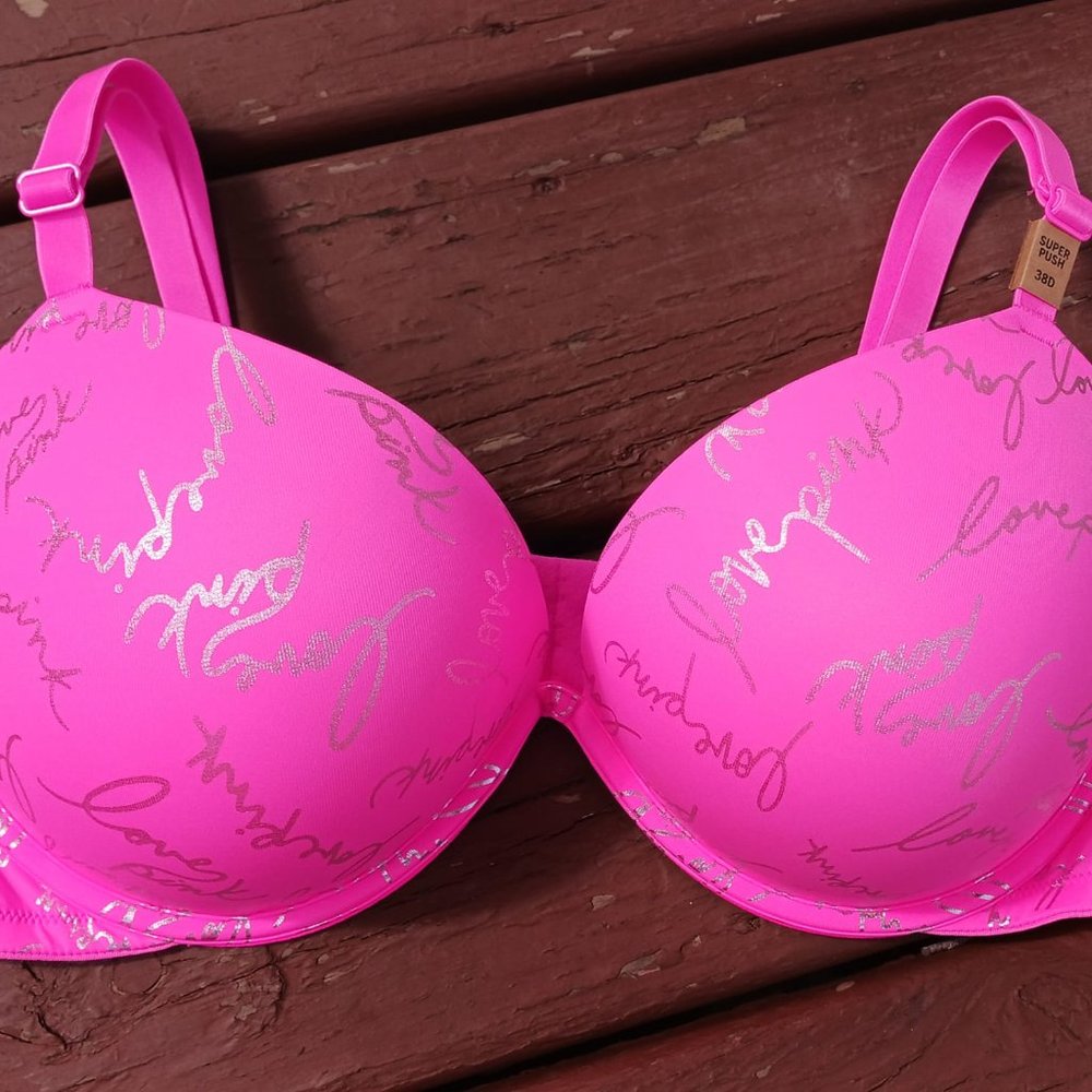 NWT Victoria's Secret Hot Pink LOVE PINK Logo Super Push Up Bra 38D Bombshell